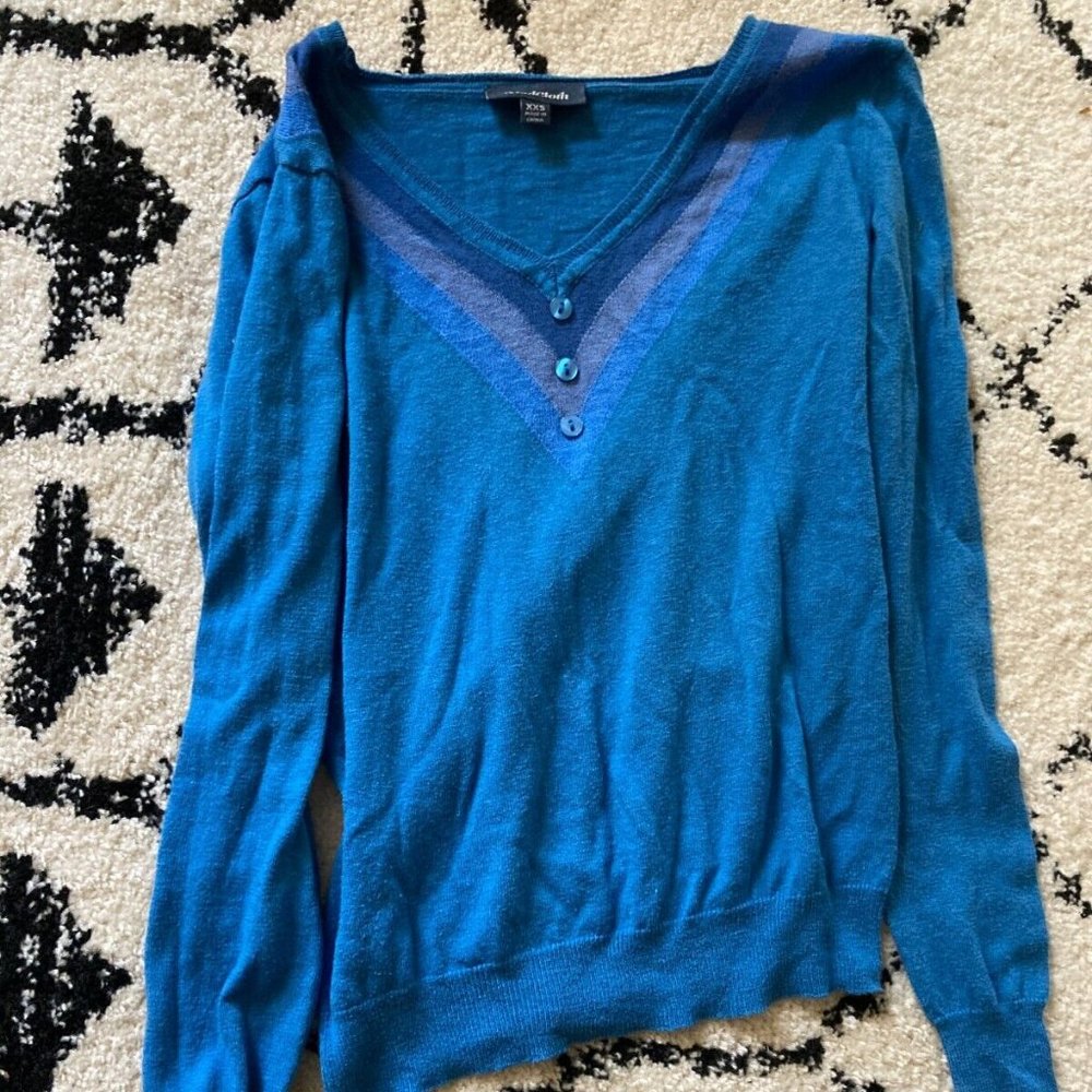 Modcloth "Here in Spirit" Blue V-Neck Sweater with Stripe Detail, size XXS